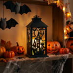  Halloween-i pislákoló lámpás - kastély - elemes - fekete - 30 x 14 cm (56621A)