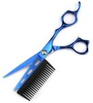 quandes Foarfeca profesionale cu pieptene, 6’’, otel 440C JP, QUANDES® pentru salon infrumusetare si pentru frizeri, Usor de manevrat, viteza, stil si creativitate, Inovatie, albastru