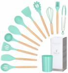  Set Sersimo 12 ustensile de bucatarie din silicon termorezistent si maner din bambus, verde (KI-0001) Tacam