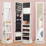 SONGMICS Dulap pentru bijuterii rotativ 360° cu oglinda, rafturi spate si incuietoare, MDF si sticla, 55x55x161 cm, gri stejar deschis (EZ-JJC62WT) Garderoba