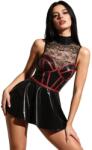 Cottelli Collection Rochie Mini din Material Wetlook si Dantela, Negru, M