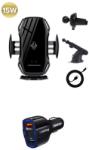 E-smartgadget Suport telefon pentru auto cu incarcare wireless qi 10W, Model S6, Wireless Charger + Incarcator auto fast charge 12v/3.5A, Negru, set
