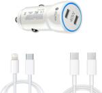 quandes Kit incarcator auto Dual USB-C-C 40W Fast Charger, 1 Cablu date USB-C-C 60W, 2M, 1 Cablu date USB-C-ligt 37W 2M, Compatibil cu iPhone 15, 14, 13, 12, 11 pro max, QUANDES®
