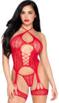 Leg Avenue Bodystockings Leg Avenue - 89338 Csipke, Nyitott Testruha Harisnyaövvel + Vörös Tanga - Egy Méret