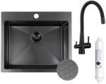 Laveo MALAWI fekete színű, struktúrált felületű beépíthető inox mosogató szifonnal, RIVECO vízszűrős szettel, 50x58x20 cm (SLMA_710F) - aquamixwebaruhaz