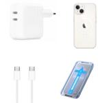quandes Set 4 accesorii pentru Iphone 15 Pro, Incarcator dual USB-C 50W, Cablu incarcare USB-C/C, Folie de protectie, Husa mag safe transparenta