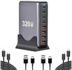quandes Set Statie de Incarcare Rapida 320W GaN III 8-in-1 4 USB-C & 4 USB-A, PD 100W, Compatibila cu iPhone 16/15/14/13/12 Galaxy S24/S23/s22/s21, include 2 cablu C-C 3A, 2 X USB-A-C