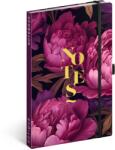 Presco Keménytáblás notesz krémszínű lapokkal, vonalas, leszorító gumiszalaggal Purple Flowers 130x210mm, Presco (5416-PF)