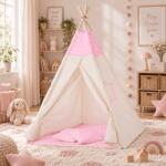 Kidizi Cort copii stil indian Teepee Tent Pink Stars, include salteluta si 2 pernute, stabilizator cadou (5949221105024)