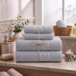 Ralex Pucioasa Set 4 prosoape baie 70x140 cm si 50x90 cm Bumbac 100%, Greek Border 500 grame/mp, Gri Deschis (24.S-105621) Prosop