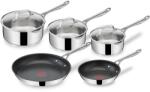 Tefal Set de oale și tigăi din inox Tefal Jamie Oliver Cook's Direct On 8 piese: tigăi 20/28 cm, oale 16/18/20 cm + capac, înveliș antiaderent, semnal termic, mâner nituit, inducție, E304S544 (E304S544)