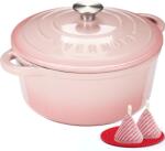 Overmont Tavă de copt Overmont din fontă emailată - oală tip caserolă de 24 cm, sigură pentru cuptor - cu capac și carte de bucate - pentru gătit, înăbușit, prăjit, culoare roz - Emailată