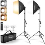 NEEWER Kit de iluminat softbox NEEWER 24"x24" cu suporturi trepied, pachet de 2, becuri LED 2.4G bicolore de 45W, 10 canale, 2900K-7000K, 1400Lux/m, CRI95, telecomandă 20m, kit de lumină continuă fotografie,