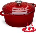 Overmont Tavă de copt Overmont din fontă emailată - caserolă de 24 cm sigură pentru cuptor - cu capac și carte de bucate - pentru copt, fierbere, prăjire în bucătărie, roșie - Emailată