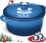 Overmont Oală din fontă Overmont Casserole 26 cm - Vas de copt emailat cu capac, rezistent la cuptor - cu carte de bucate - pentru gătit, înăbușit, prăjit, albastru - OM-Email