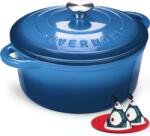 Overmont Tavă de copt Overmont din fontă emailată - vas de caserolă 24 cm, rezistent la cuptor - cu capac și carte de bucate - pentru gătit, prăjit, copt, înăbușit, albastru - Emailat