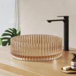 EMKE Kerek Üveg Mosdókagyló 40x40x12 cm - Kristályüveg Nagy Kapacitású Fürdőszobai és Vendégtoilette Kézmosó Csaptelep Nélkül, Rozéarany