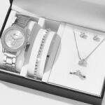 Geneva Set accesorii dama argintiu, ceas de mana quartz, bratara, colier cu pandantiv, cercei, inel si cutie cadou, bijuterii pentru tinute si evenimente Ceas