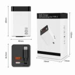 Flippy Incarcator Telefon, Flippy, 80W, GaN Technology, Dual Port USB-A si USB-C, Fast Charge, Cablu Type-C Retractabil, 60x40 mm, Alb (177422)