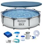 Sersimo Bestway Steel ProMAX fémvázas medence, D305xH76, szűrőpumpa, szűrő, tetőponyva, tartóponyva, klóradagoló, javítókészlet