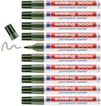 edding Marker permanent edding 3000 - verde măsline - 10 pixuri - vârf rotund 1, 5-3 mm - marker permanent cu uscare rapidă - impermeabil, rezistent la pete - pentru carton, plastic, lemn, metal - marker uni