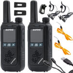 Verkstore PMR Adóvevő és Walkie Talkie 2db-os Készlet 8km Hatótávval és 2db Fülhallgatóval, Fekete, Nyakpánt és Övcsipesz Tartozékok, 11x5x2.5 cm