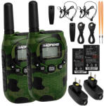 Verkstore Mini PMR Adóvevő és Walkie Talkie 2db-os Készlet 2km Hatótávval és 2db Fülhallgatóval, Zöld Terepmintás, Nyakpánt és Töltő Készlet, 9x5x2.5 cm
