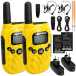 Verkstore Mini PMR Adóvevő és Walkie Talkie 2db-os Készlet 2km Hatótávval és 2db Fülhallgatóval, Sárga, Nyakpánt és Töltő Készlet, 9x5x2.5 cm