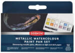 Derwent Metallic Akvarellfesték Készlet 12 Darab/Készlet Szilkés 1 Darab Vízzel Tölthető Ecsettel Szivaccsal és Keverőpalettával Metál Színek (IL2306246)