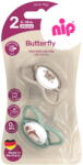 Nip Set 2 suzete nip Butterfly cu tetina ortodontica din silicon, forma simetrica, fara BPA, cu inel pentru prindere usoara, 5-18 luni, nip Butterfly