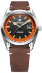 Nivada Grenchen Super Antarctic Black & Orange - 38 mm Date - Brown Leather White Stitching + 5 ani garanție și cadou GRATUIT Ceas