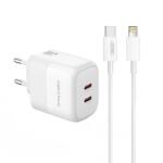 XO Incarcator Retea Cu Cablu Lightning XO Design L140, 35W, 3A, 2 x USB-C, Alb (inc/li/xo/l140/35/3a/2x/al)