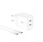 XO Incarcator Retea Cu Cablu USB-C XO Design CE08, 50W, 3A, 2 x USB-C, Alb (inc/us/xo /ce/50/3a/2x/al)