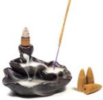 Phoenix Import Suport ceramic Lotus fontână pentru conuri de parfum "Fum curgător" negru