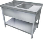 Green Clean 1600mm 2 medencés nagykonyhai mosogató jobb oldali csepegtetővel, 500x400x250mm medencékkel, lábra állítva, takaróköpennyel, polccal, r. m. acél (GCK2-160654-DKP)