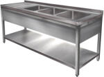 Green Clean 2400mm 3 medencés nagykonyhai mosogató bal oldali csepegtetővel, 500x500x300mm medencékkel, lábra állítva, takaróköpennyel, polccal, r. m. acél (GCK3-240755-IKP)