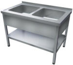 Green Clean 1200mm 2 medencés nagykonyhai mosogató 500x500x300mm medencékkel, lábra állítva, takaróköpennyel, polccal, r. m. acél (GCK2-120755-NKP)