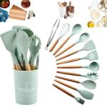 Juls Set Premium Ustensile de Bucatarie pentru Gatit, 12 Piese din Silicon cu Manere din Lemn Bambus Ergonomice, Durabile, Sigur pentru Alimente, Rezistente la Temperaturi Ina - Verde