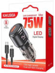 KAKUSIGA KSC-1174 Yingzi autós gyorstöltő szivargyújtós USB + Type-C, 75W + Type-C - Lightning kábel, fekete - Car Charger + Lightning Cable (KSC-1174)
