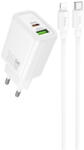 hoco. N63 Gentle hálózati gyorstöltő USB-A + USB-C, PD 30W + QC3.0, Lightning/Type-C kábellel, fehér - 30W Dual Port Charger + Lightning Cable (N63)