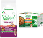 Natural Trainer 10kg Natural Trainer Sterilised lazac száraz macskatáp + 12x85 g Adult csíkok szószban nedves macskatáp ingyen