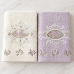 Arliva Home Set 2 prosoape bambus 50x90 cu broderii si dantela, ecru-lila, ambalaj cadou, 500gr/m2 Prosop