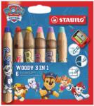 STABILO Set de creioane colorate, rotunde, groase, cu ascuțitoare, STABILO „Woody 3 în 1, Patrula Mancs, 6 culori diferite (8806-8)