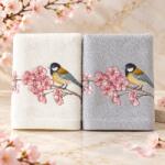 Arliva Home Set 2 prosoape bambus 50x90 cu broderie pasarele si flori de cires, ecru-gri, ambalaj cadou, 500gr/m2 Prosop
