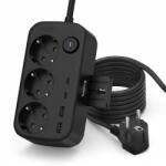 Huslog Cordon prelungitor Huslog, 3 prize, 4 porturi USB, suport telefon, cablu 1.4m, negru