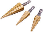 Extol lépcsős fémfúró klt. 3db; (3-12mm/1mm lépcsők, 4-12mm/2mm, 4-20mm/2mm) befogás: 1/4", max. 4mm vastag lemez, TiN bevonat (20089)