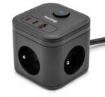 Huslog Prelungitor cub Huslog PowerSwitch HUS1002, 3 prize tip E, 1x USB-A, 2x USB-C, PD 20 W, 3680 W, cablu 1, 4 m, negru