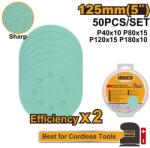 INGCO Smirghel Industrial 125mm AKRS125050 - Set 50 Buc, Granulatii P40/P80/P120/P180, Discuri Slefuire Profesionale pentru Lemn, Metal, Perete (AKRS125050)