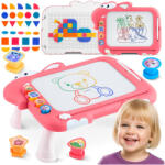 Ricokids Tablă de desen magnetică, Ricokids RK-823, roz, cu puzzle tangram, suprafață de desen în patru culori, ștergere rapidă, 3 ștampile magnetice, stilou magnetic ergonomic, funcție de măsuță (TE782301)