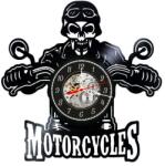  Ceas de perete decorativ realizat din disc de vinil, Model Motociclist Craniu, Ghidon Motocicleta, Motorcycles, Negru, 30 cm